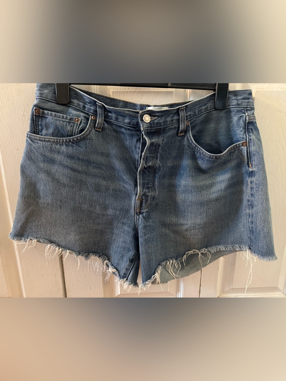 Agolde Parker Long Distressed Mid-Blue Denim Cutoff Shorts